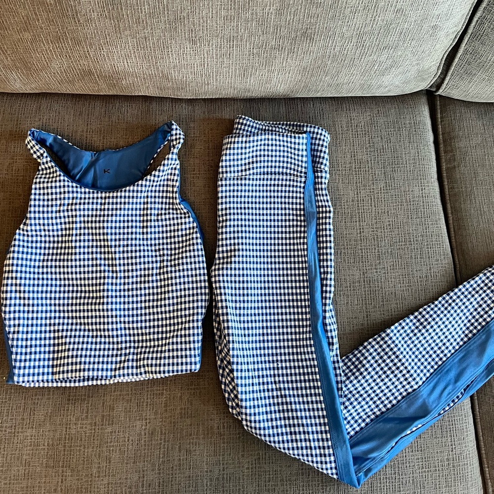 Koral blue gingham crop top and leggings activewear set